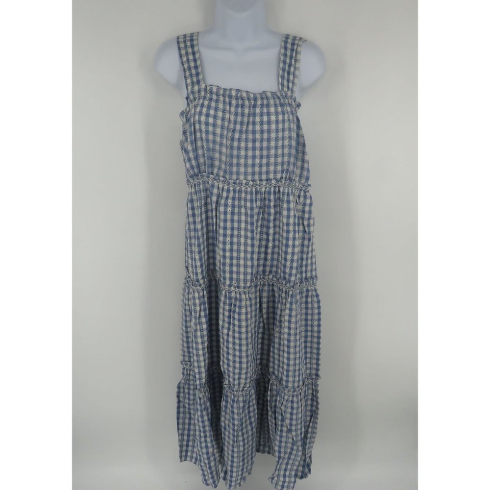 Max Studio Women's Smocked Tiered Maxi Dress Large Blue White NWT $138